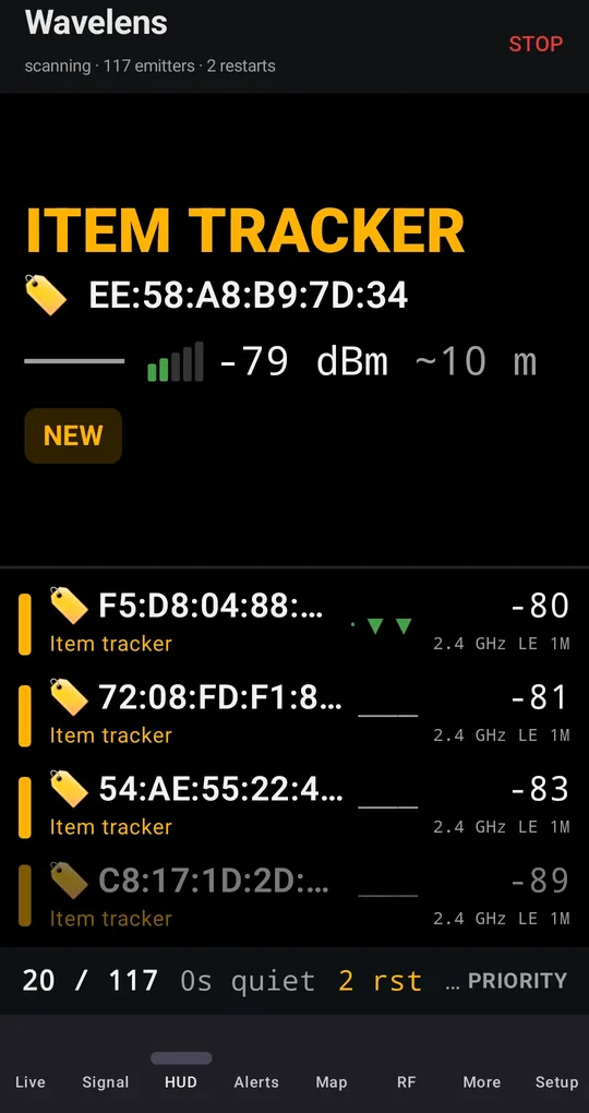 HUD showing a new item tracker at -79 dBm, about 10 m away, with four more trackers listed below