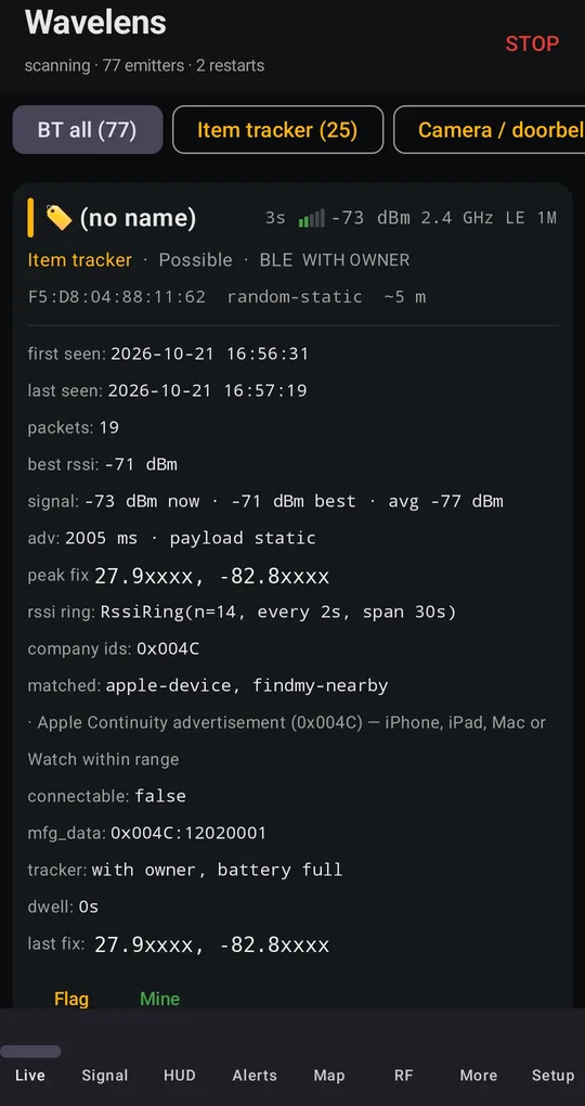 Expanded device card for an item tracker: Apple Continuity advertisement, with owner, battery full, peak fix