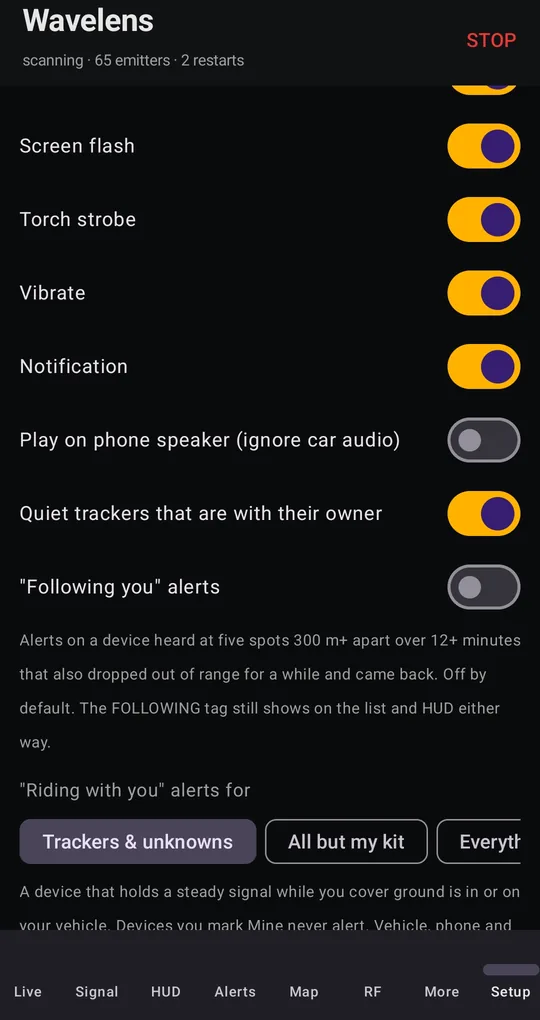 Alert options: screen flash, torch strobe, vibrate, notification, quiet trackers with their owner, following-you alerts